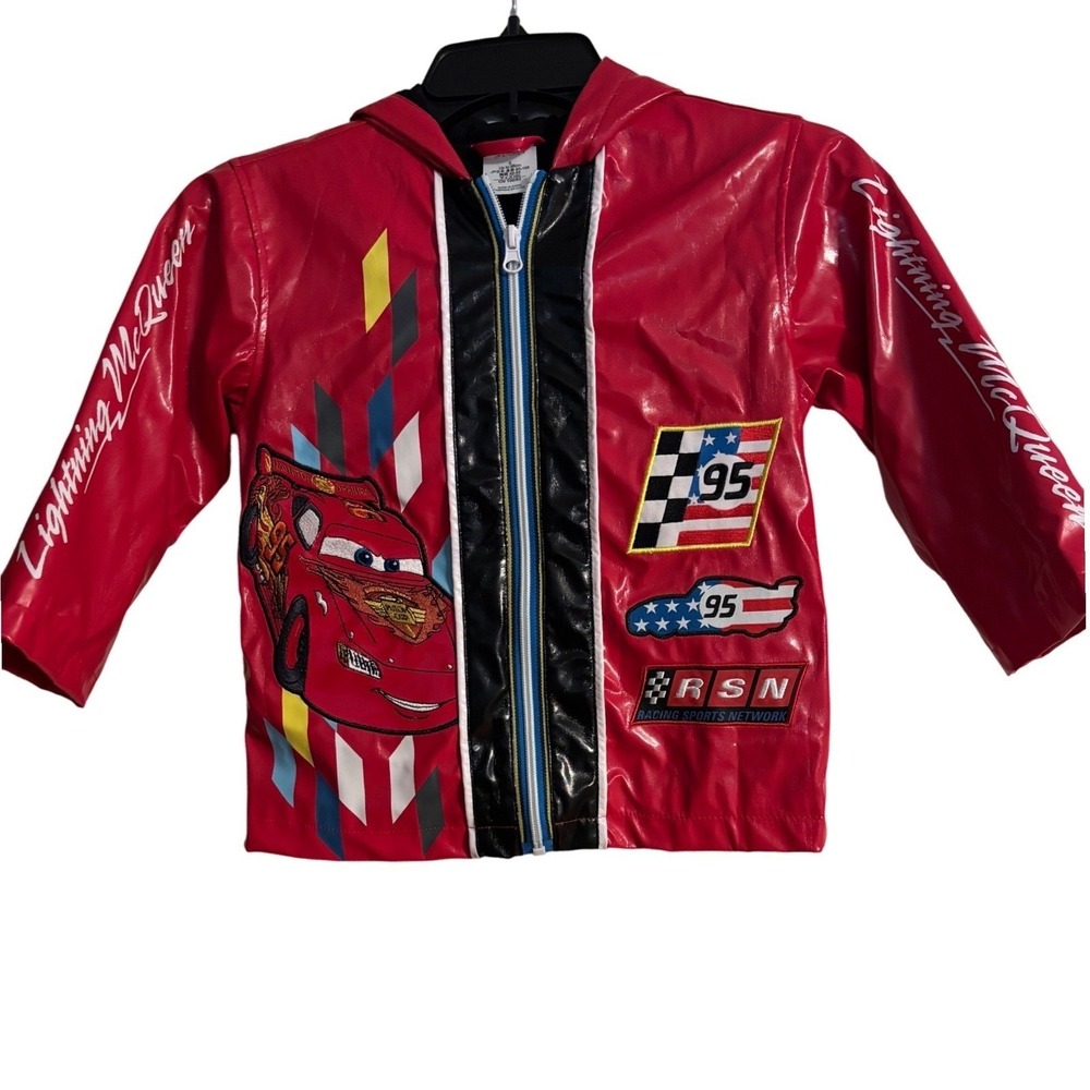 Disney Store Lightning McQueen Rain Jacket Kids Sz 3 Red Racing Hooded Excellent